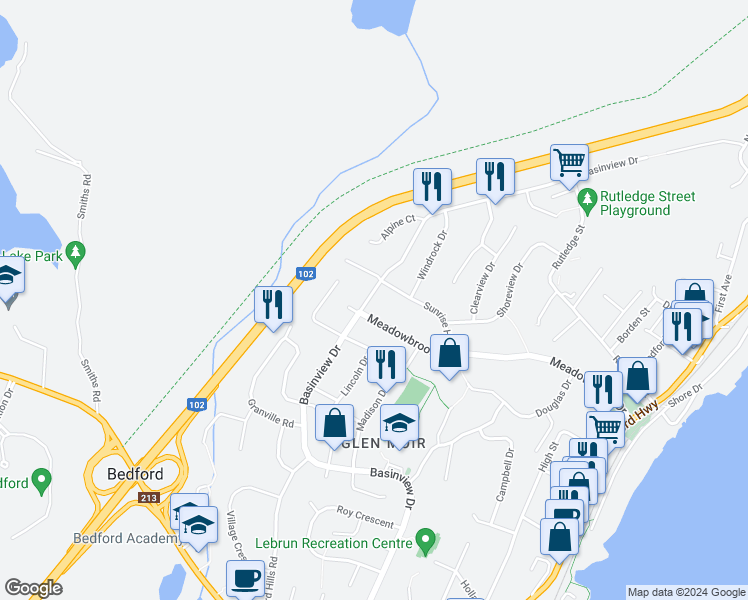 map of restaurants, bars, coffee shops, grocery stores, and more near 573 Basinview Drive in Bedford