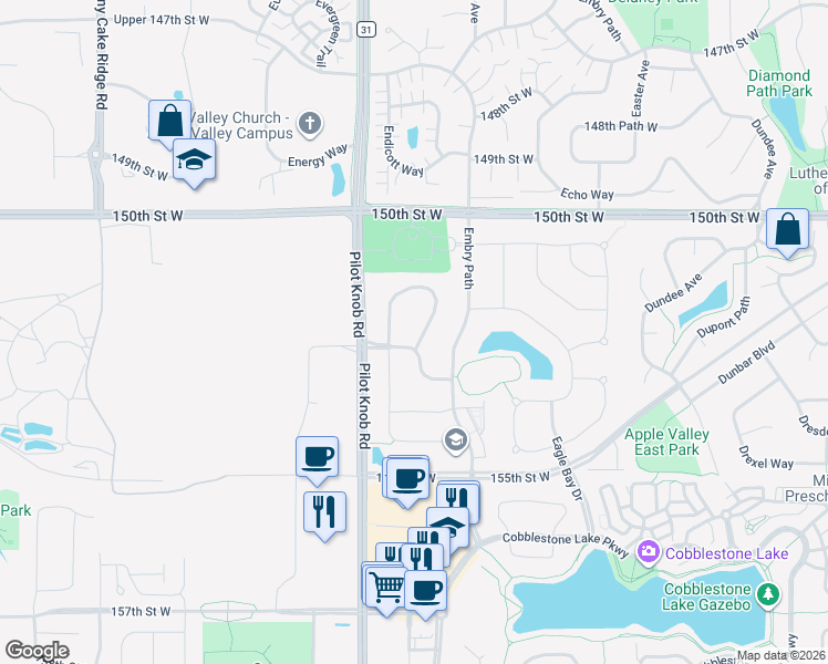 map of restaurants, bars, coffee shops, grocery stores, and more near 15192 Emory Circle in Apple Valley