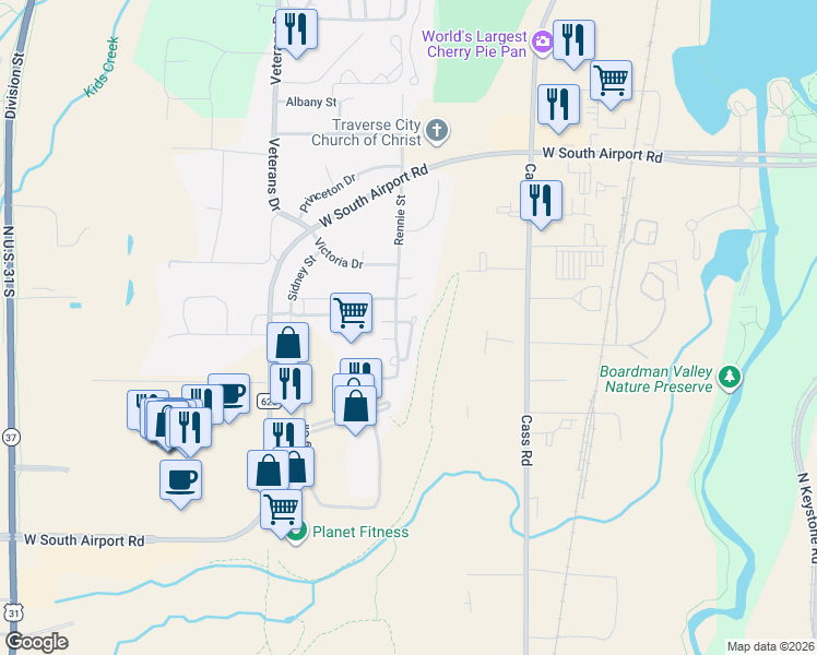 map of restaurants, bars, coffee shops, grocery stores, and more near 2795 Garnet Court in Traverse City