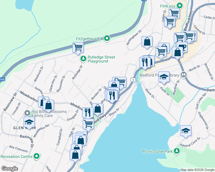 map of restaurants, bars, coffee shops, grocery stores, and more near 26 Division Street in Bedford