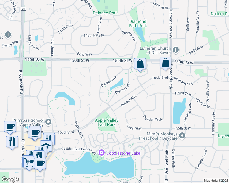 map of restaurants, bars, coffee shops, grocery stores, and more near 15223 Dupont Path in Apple Valley