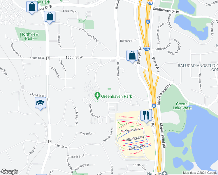 map of restaurants, bars, coffee shops, grocery stores, and more near 15161 Greenhaven Drive in Burnsville