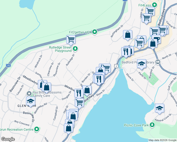 map of restaurants, bars, coffee shops, grocery stores, and more near 19 Emmerson Street in Bedford