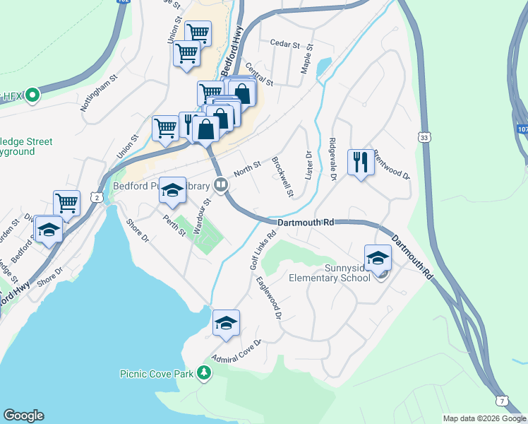 map of restaurants, bars, coffee shops, grocery stores, and more near 38 Dartmouth Road in Bedford
