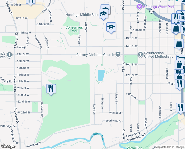map of restaurants, bars, coffee shops, grocery stores, and more near 1720 Louis Lane in Hastings