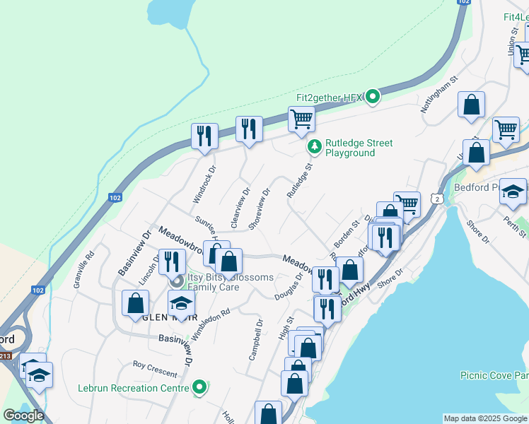 map of restaurants, bars, coffee shops, grocery stores, and more near 58 Shoreview Drive in Bedford