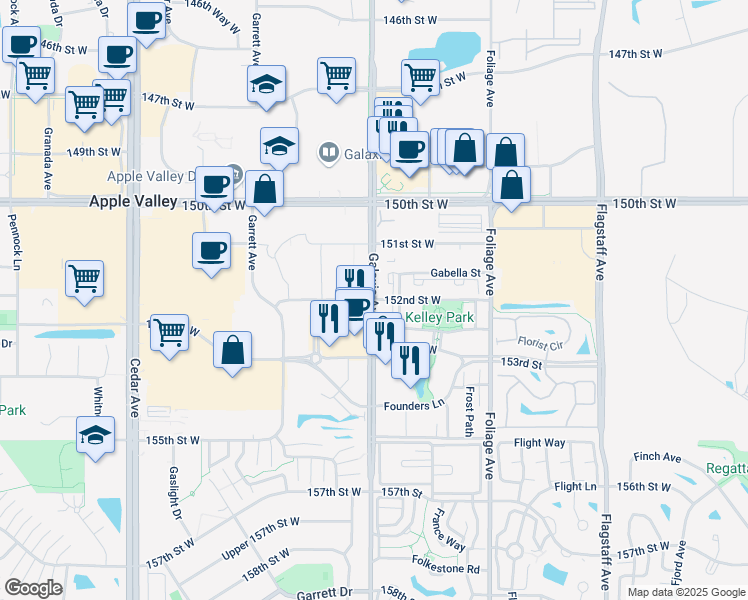 map of restaurants, bars, coffee shops, grocery stores, and more near 15196 Galaxie Avenue in Apple Valley