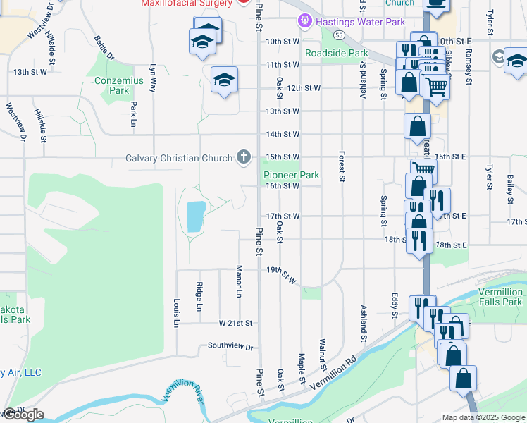 map of restaurants, bars, coffee shops, grocery stores, and more near 808 17th Street West in Hastings