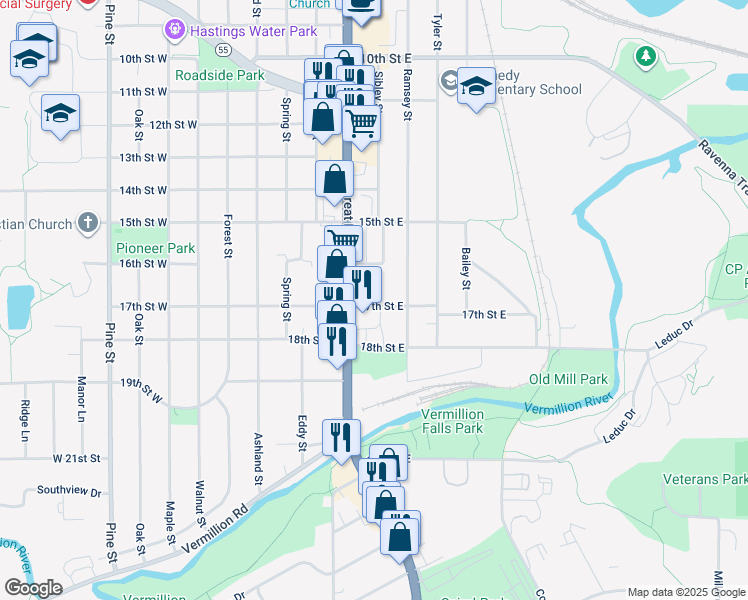 map of restaurants, bars, coffee shops, grocery stores, and more near 1629 Vermillion Street in Hastings
