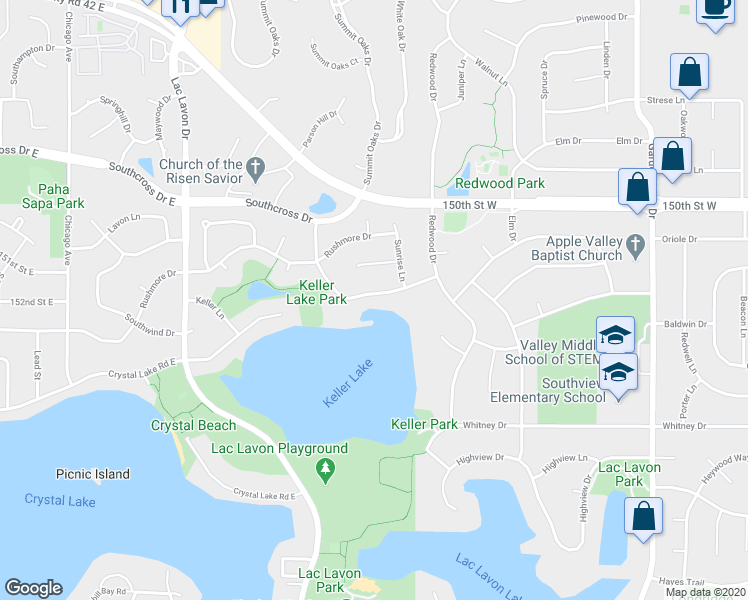 map of restaurants, bars, coffee shops, grocery stores, and more near 1717 Keller Lake Drive in Burnsville