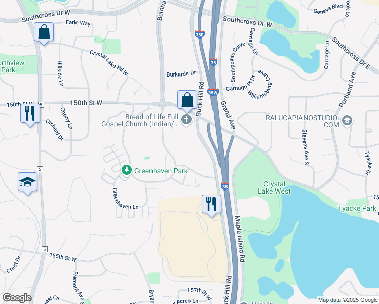 map of restaurants, bars, coffee shops, grocery stores, and more near 15100 Buck Hill Road in Burnsville