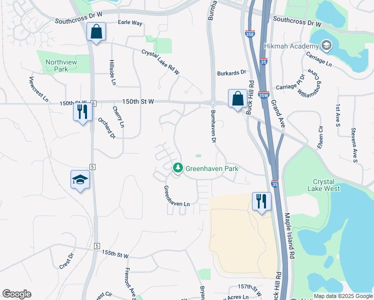 map of restaurants, bars, coffee shops, grocery stores, and more near 15161 Greenhaven Drive in Burnsville