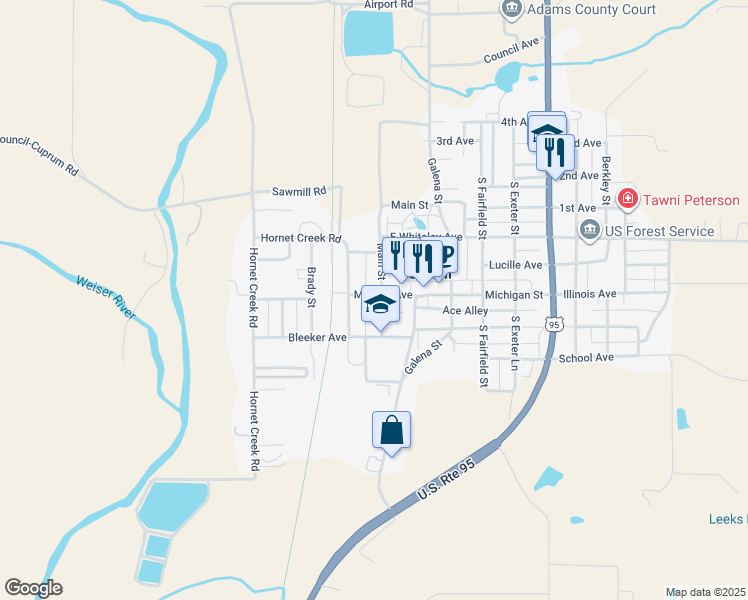 map of restaurants, bars, coffee shops, grocery stores, and more near 104 Main Street in Council