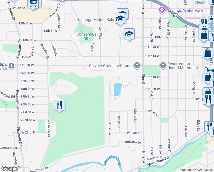 map of restaurants, bars, coffee shops, grocery stores, and more near 1720 Louis Lane in Hastings