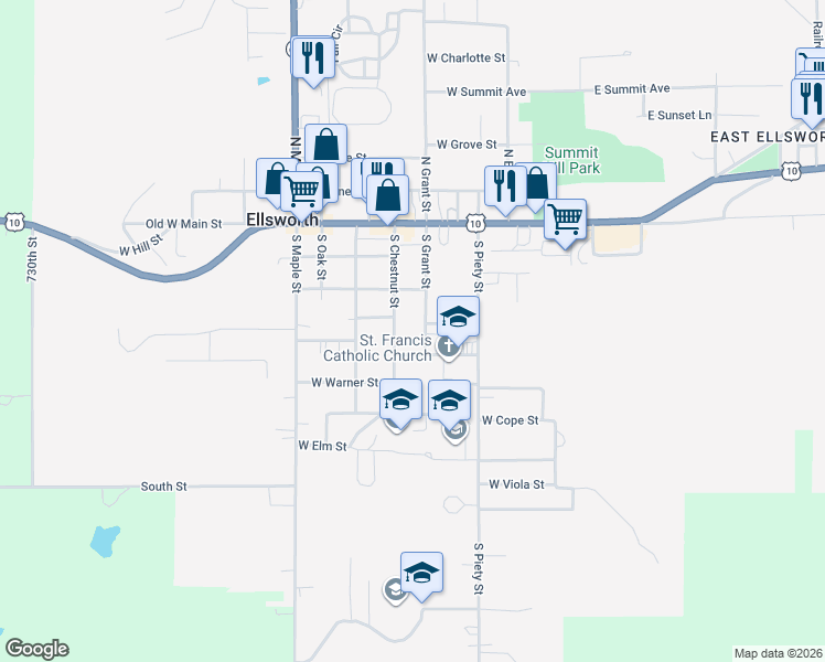 map of restaurants, bars, coffee shops, grocery stores, and more near 321 West Woodworth Street in Ellsworth