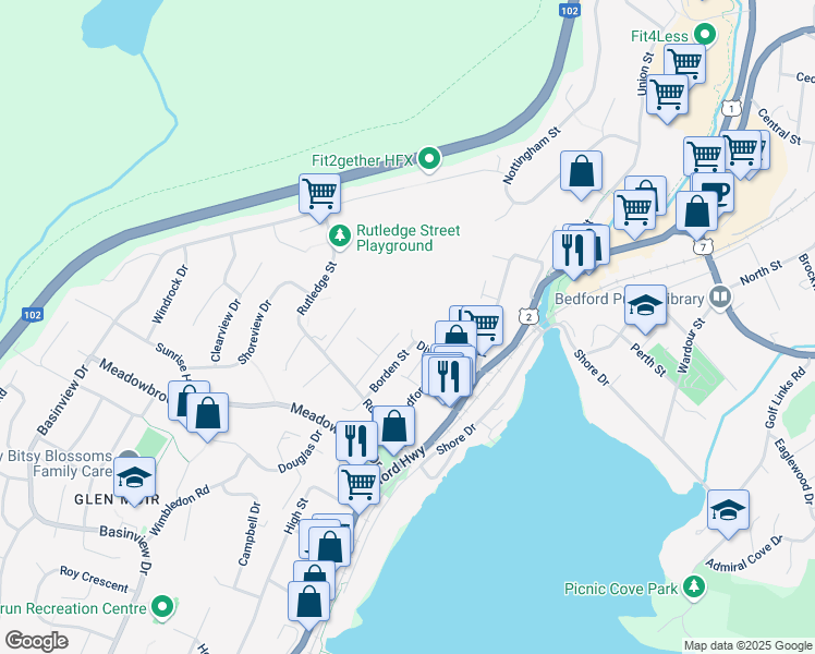 map of restaurants, bars, coffee shops, grocery stores, and more near 26 Division Street in Bedford