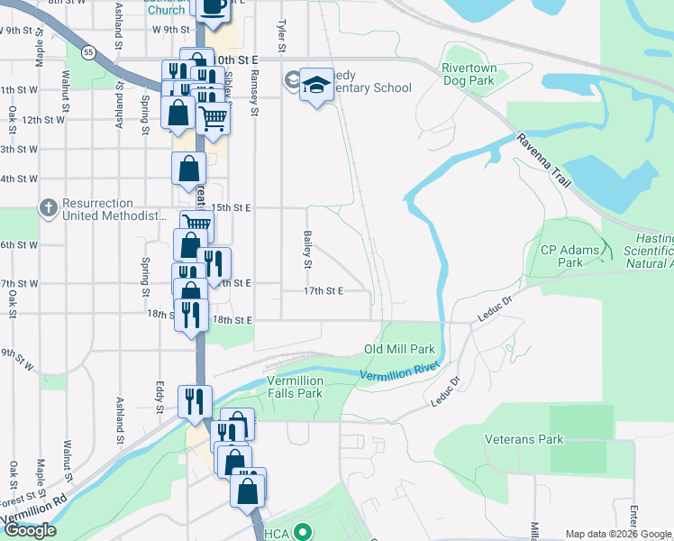 map of restaurants, bars, coffee shops, grocery stores, and more near 522 McNamara Street in Hastings