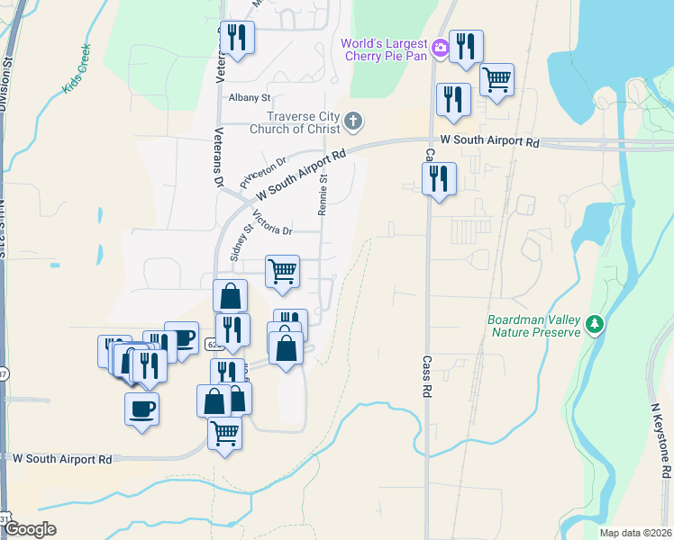 map of restaurants, bars, coffee shops, grocery stores, and more near 2795 Garnet Court in Traverse City