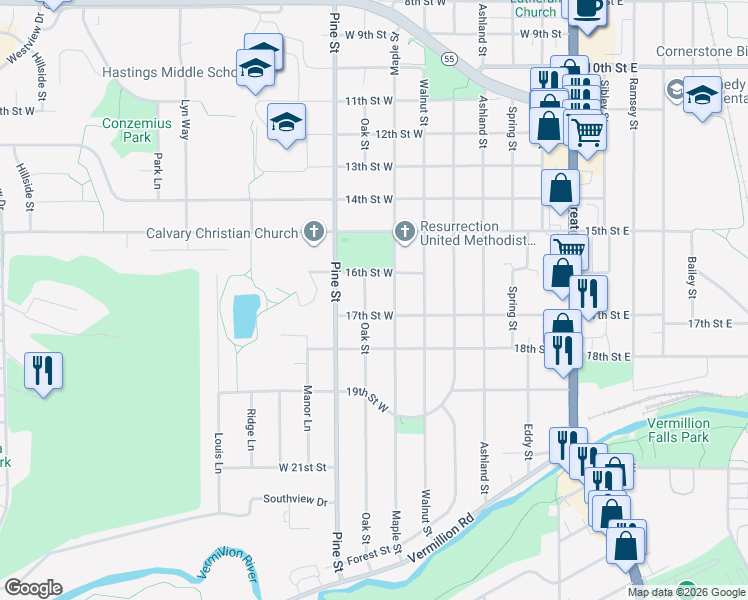 map of restaurants, bars, coffee shops, grocery stores, and more near 1700 Maple Street in Hastings