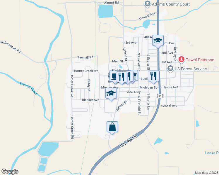 map of restaurants, bars, coffee shops, grocery stores, and more near 104 Main Street in Council