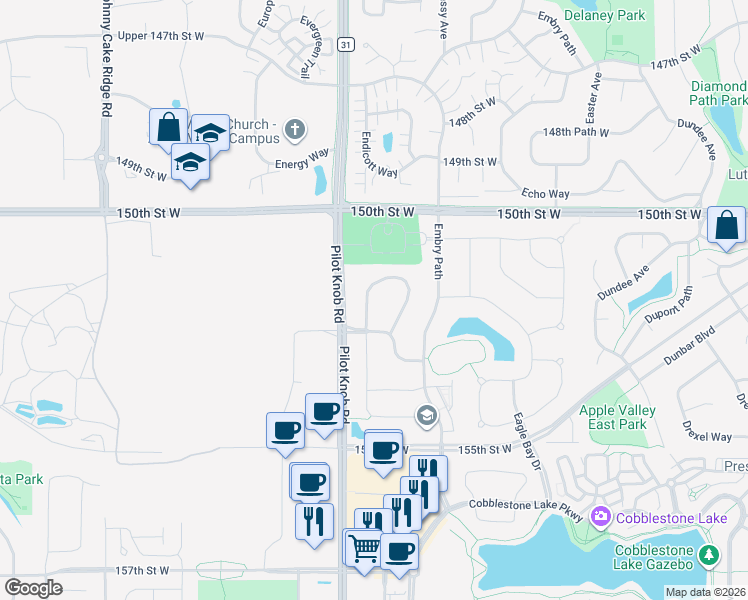 map of restaurants, bars, coffee shops, grocery stores, and more near 15168 Emory Circle in Apple Valley