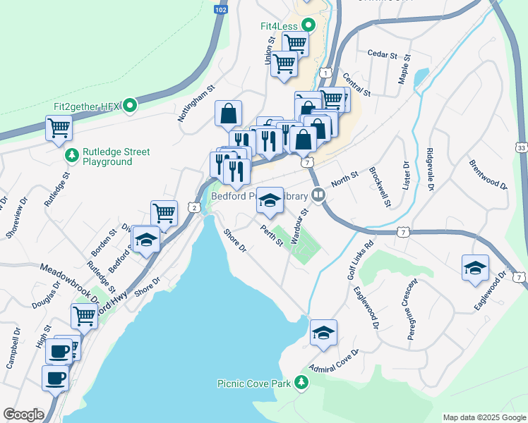 map of restaurants, bars, coffee shops, grocery stores, and more near 24 Fort Sackville Road in Bedford