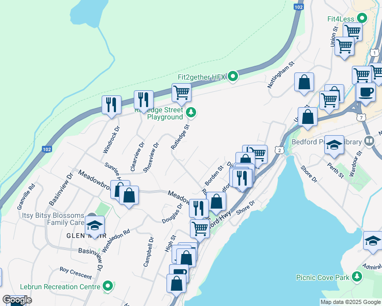 map of restaurants, bars, coffee shops, grocery stores, and more near 24 Frederick Street in Bedford