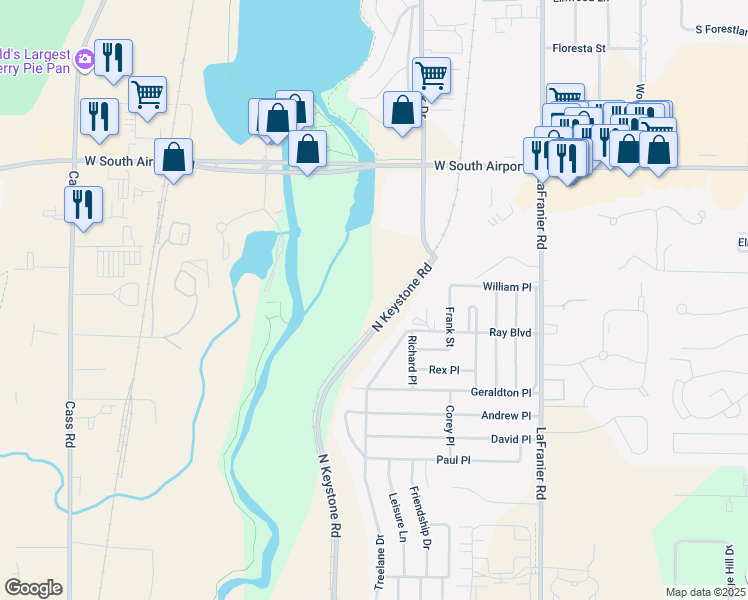 map of restaurants, bars, coffee shops, grocery stores, and more near 2957 North Keystone Road in Traverse City