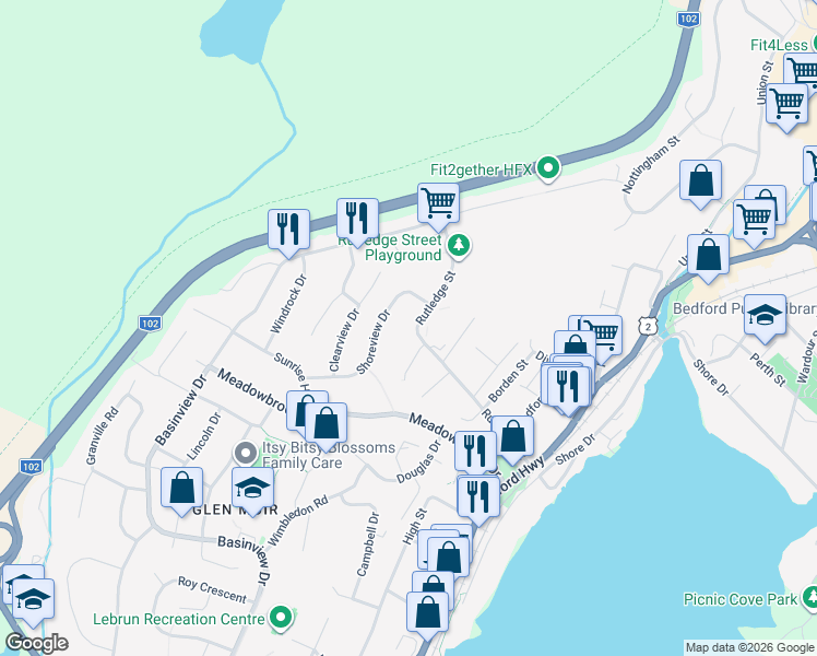 map of restaurants, bars, coffee shops, grocery stores, and more near 2 Shoreview Drive in Bedford