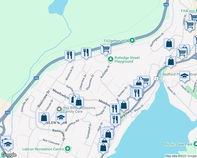 map of restaurants, bars, coffee shops, grocery stores, and more near 182 Rutledge Street in Bedford