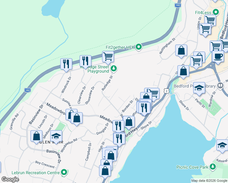 map of restaurants, bars, coffee shops, grocery stores, and more near 24 Frederick Street in Bedford