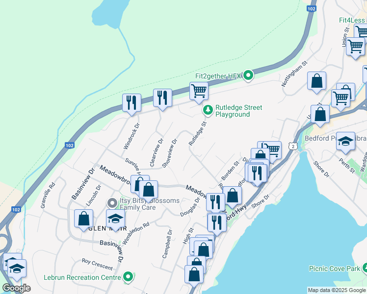 map of restaurants, bars, coffee shops, grocery stores, and more near 182 Rutledge Street in Bedford