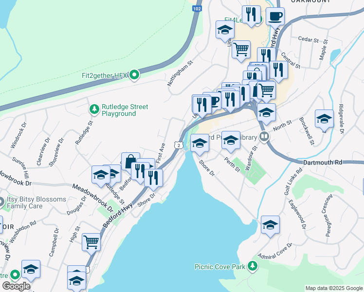 map of restaurants, bars, coffee shops, grocery stores, and more near 1405 Bedford Highway in Bedford