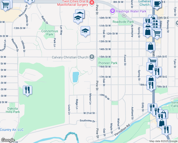 map of restaurants, bars, coffee shops, grocery stores, and more near 1528 Pine Street in Hastings