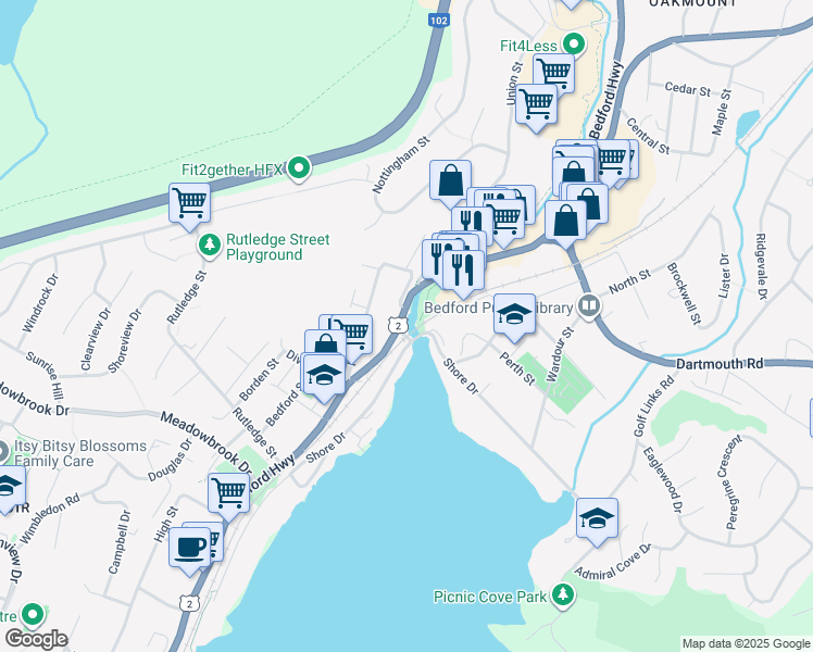 map of restaurants, bars, coffee shops, grocery stores, and more near 1405 Bedford Highway in Bedford