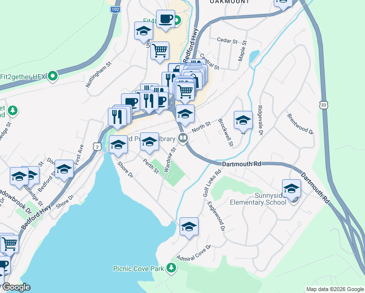 map of restaurants, bars, coffee shops, grocery stores, and more near 12 Dartmouth Road in Bedford