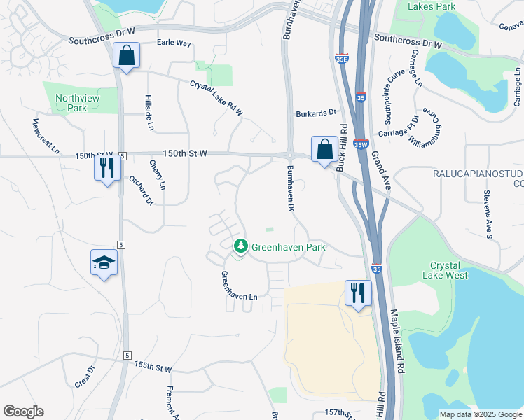 map of restaurants, bars, coffee shops, grocery stores, and more near 15101 Greenhaven Drive in Burnsville