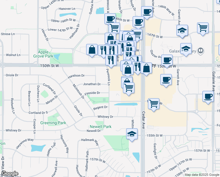 map of restaurants, bars, coffee shops, grocery stores, and more near 15168 Pennock Lane in Apple Valley