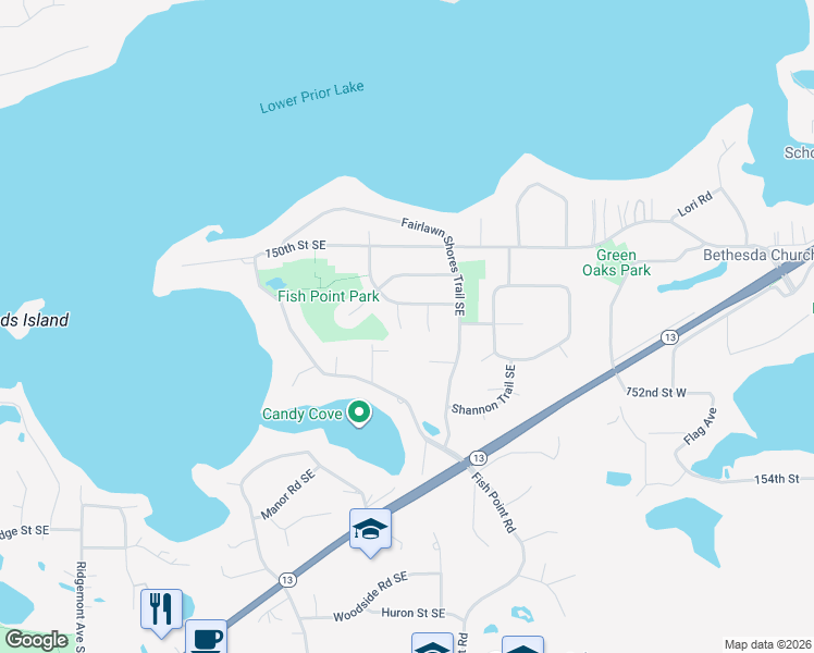 map of restaurants, bars, coffee shops, grocery stores, and more near 15163 Kortsch Trail Southeast in Prior Lake