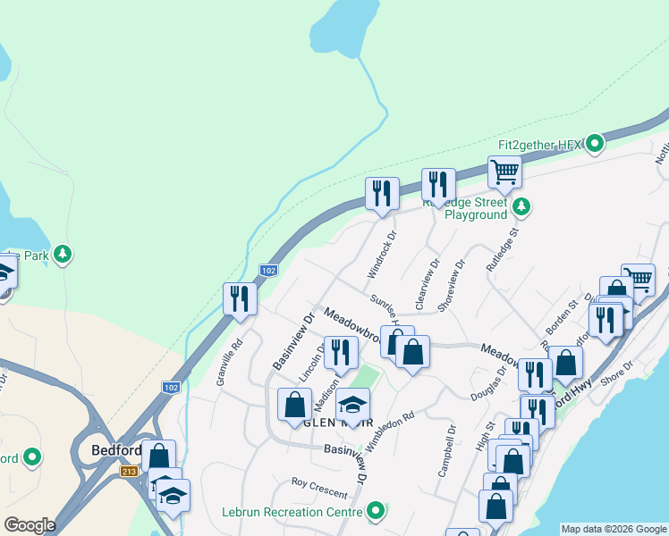 map of restaurants, bars, coffee shops, grocery stores, and more near 606 Basinview Drive in Bedford