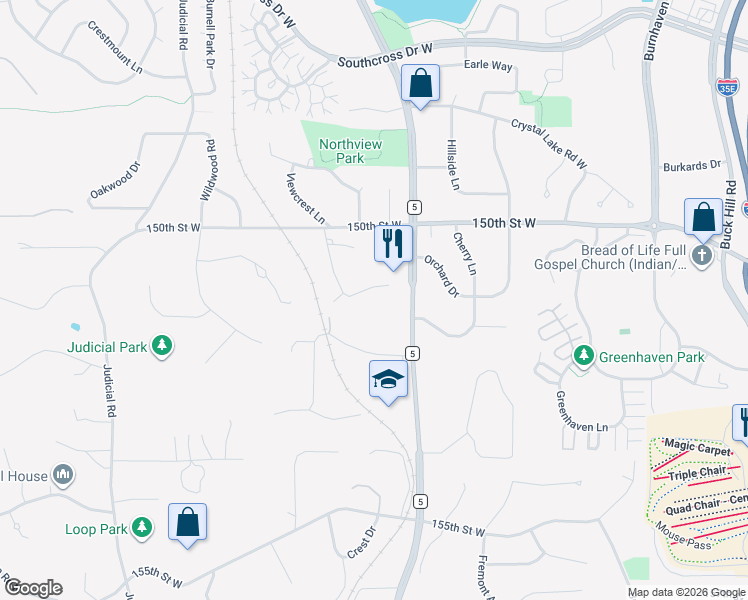 map of restaurants, bars, coffee shops, grocery stores, and more near 1610 Viewcrest Lane in Burnsville