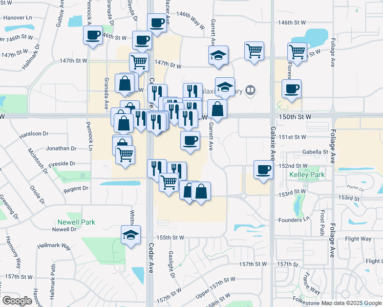 map of restaurants, bars, coffee shops, grocery stores, and more near 15150 Cedar Avenue in Apple Valley