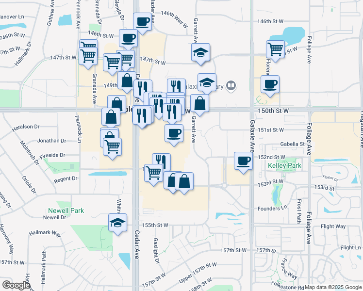 map of restaurants, bars, coffee shops, grocery stores, and more near 15150 Cedar Avenue in Apple Valley