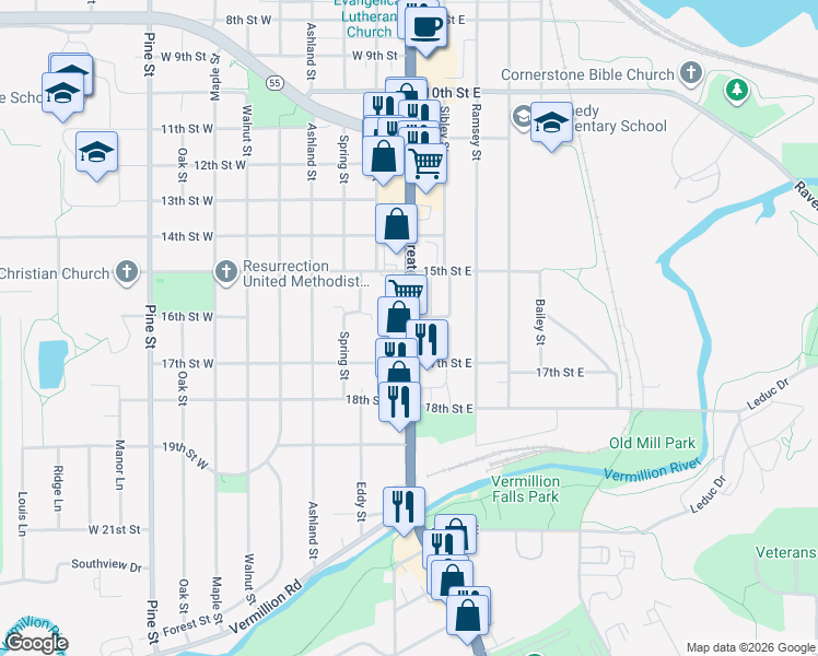 map of restaurants, bars, coffee shops, grocery stores, and more near 1608 Vermillion Street in Hastings
