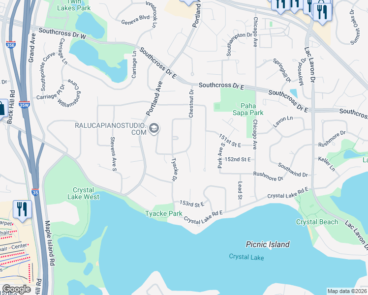 map of restaurants, bars, coffee shops, grocery stores, and more near 15033 Tyacke Drive in Burnsville