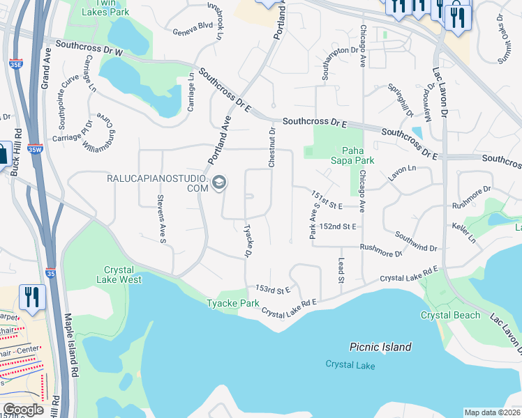 map of restaurants, bars, coffee shops, grocery stores, and more near 15033 Tyacke Drive in Burnsville