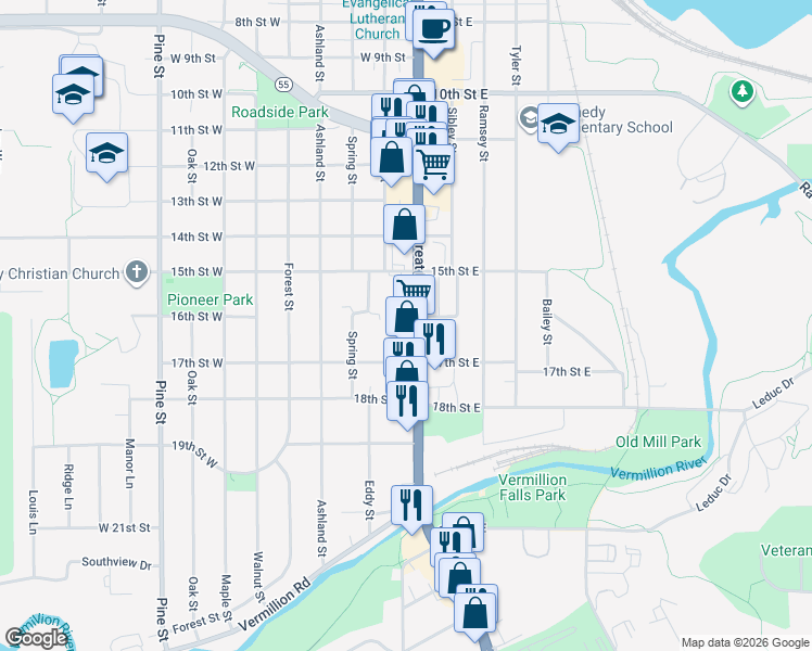 map of restaurants, bars, coffee shops, grocery stores, and more near 1608 Vermillion Street in Hastings