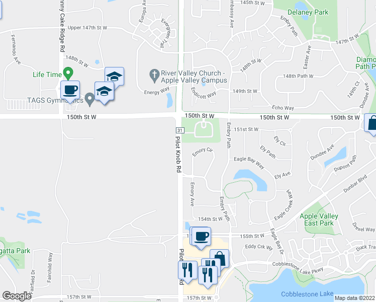 map of restaurants, bars, coffee shops, grocery stores, and more near 15157 Emory Circle in Apple Valley