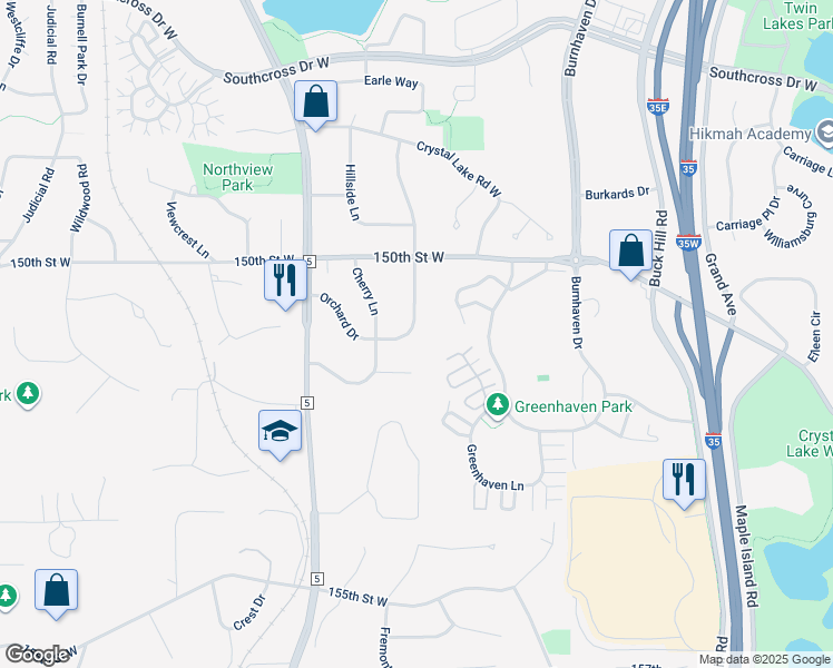 map of restaurants, bars, coffee shops, grocery stores, and more near 15109 Orchard Drive in Burnsville
