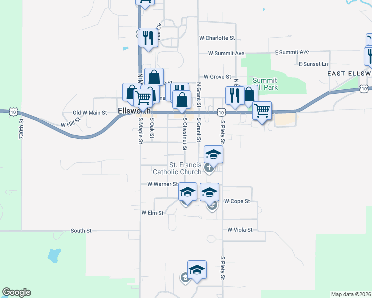 map of restaurants, bars, coffee shops, grocery stores, and more near 210 South Chestnut Street in Ellsworth